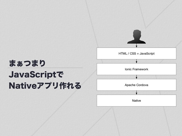 ·͊ͭ·Γ
+BWB4DSJQUͰ
/BUJWFΞϓϦ࡞ΕΔ
HTML / CSS + JavaScript
Ionic Framework
Apache Cordova
Native
