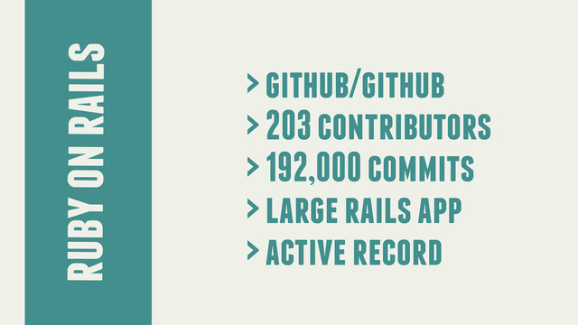 ruby on rails
> github/github
> 203 contributors
> 192,000 commits
> large rails app
> active record
