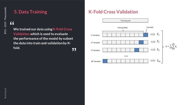 5. Data Training
Bukalapak IFCS – 2019 - Thessaloniki
We trained our data using K-Fold Cross
Validation, which is used to evaluate
the performance of the model by subset
the data into train and validation by K-
fold.
“
“
K-Fold Cross Validation
