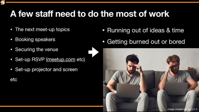 A few staff need to do the most of work
• The next meet-up topics

• Booking speakers

• Securing the venue

• Set-up RSVP (meetup.com etc)

• Set-up projector and screen

etc
• Running out of ideas & time

• Getting burned out or bored
image created by DALLE 3

