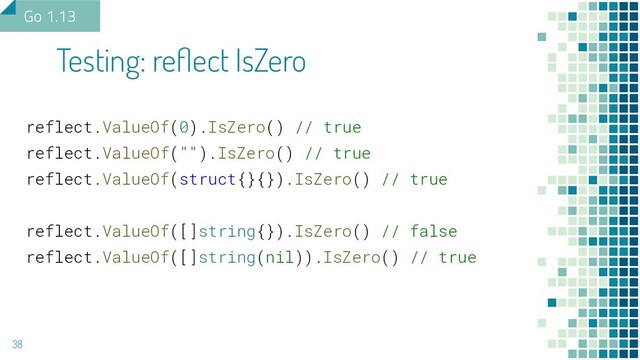 reflect.ValueOf(0).IsZero() // true
reflect.ValueOf("").IsZero() // true
reflect.ValueOf(struct{}{}).IsZero() // true
reflect.ValueOf([]string{}).IsZero() // false
reflect.ValueOf([]string(nil)).IsZero() // true
Testing: reﬂect IsZero
38
Go 1.13

