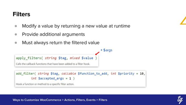 Filters
Ways to Customize WooCommerce > Actions, Filters, Events > Filters
● Modify a value by returning a new value at runtime
● Provide additional arguments
● Must always return the ﬁltered value
+ $args
