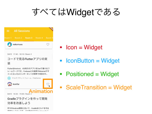 ͢΂ͯ͸WidgetͰ͋Δ
• Icon = Widget
• IconButton = Widget
• Positioned = Widget
• ScaleTransition = Widget
"OJNBUJPO
