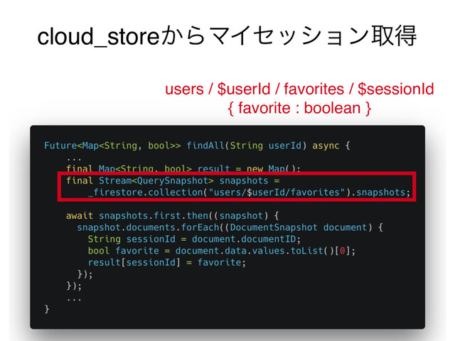 cloud_store͔ΒϚΠηογϣϯऔಘ
users / $userId / favorites / $sessionId 
{ favorite : boolean }
