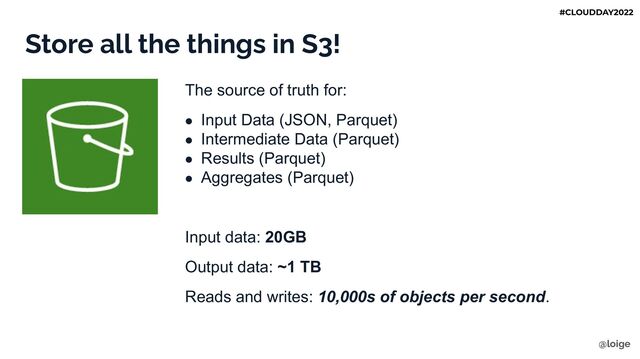Store all the things in S3!
The source of truth for:
● Input Data (JSON, Parquet)
● Intermediate Data (Parquet)
● Results (Parquet)
● Aggregates (Parquet)
Input data: 20GB
Output data: ~1 TB
Reads and writes: 10,000s of objects per second.
@loige
#CLOUDDAY2022
