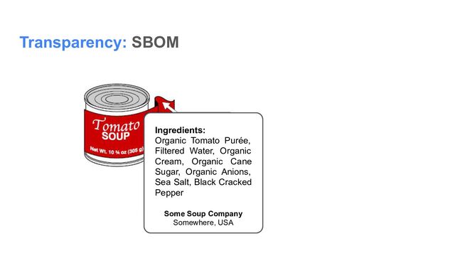 Transparency: SBOM
Ingredients:
Organic Tomato Purée,
Filtered Water, Organic
Cream, Organic Cane
Sugar, Organic Anions,
Sea Salt, Black Cracked
Pepper
Some Soup Company
Somewhere, USA
