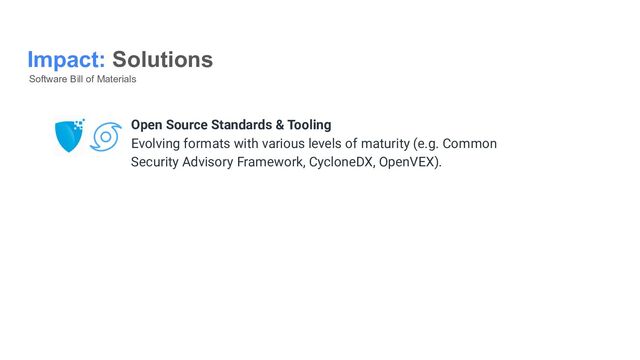 Impact: Solutions
Software Bill of Materials
Open Source Standards & Tooling
Evolving formats with various levels of maturity (e.g. Common
Security Advisory Framework, CycloneDX, OpenVEX).
