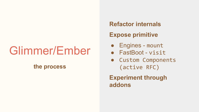 Glimmer/Ember
Refactor internals
Expose primitive
● Engines - mount
● FastBoot - visit
● Custom Components
(active RFC)
Experiment through
addons
the process

