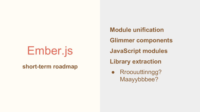 Module unification
Glimmer components
JavaScript modules
Library extraction
● Rroouuttinngg?
Maayybbbee?
Ember.js
short-term roadmap

