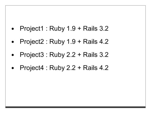 Project1 : Ruby 1.9 + Rails 3.2
Project2 : Ruby 1.9 + Rails 4.2
Project3 : Ruby 2.2 + Rails 3.2
Project4 : Ruby 2.2 + Rails 4.2
