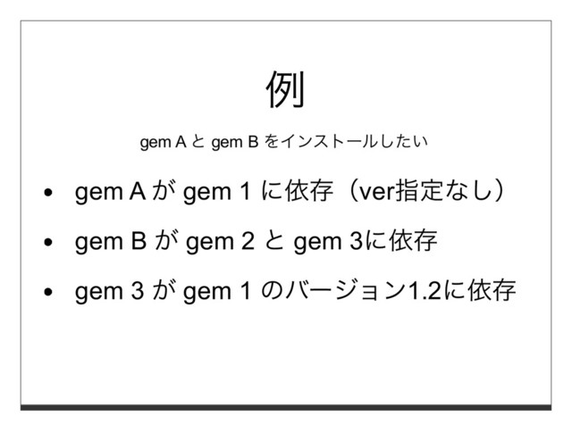 例
gem A と gem B をインストールしたい
gem A が gem 1 に依存（ver指定なし）
gem B が gem 2 と gem 3に依存
gem 3 が gem 1 のバージョン1.2に依存
