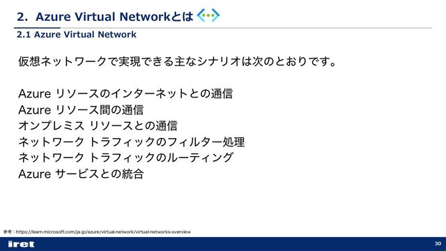 2．Azure Virtual Networkとは
30
ࢀߟɿIUUQTMFBSONJDSPTPGUDPNKBKQB[VSFWJSUVBMOFUXPSLWJSUVBMOFUXPSLTPWFSWJFX
Ծ૝ωοτϫʔΫͰ࣮ݱͰ͖ΔओͳγφϦΦ͸࣍ͷͱ͓ΓͰ͢ɻ
"[VSFϦιʔεͷΠϯλʔωοτͱͷ௨৴
"[VSFϦιʔεؒͷ௨৴
ΦϯϓϨϛεϦιʔεͱͷ௨৴
ωοτϫʔΫτϥϑΟοΫͷϑΟϧλʔॲཧ
ωοτϫʔΫτϥϑΟοΫͷϧʔςΟϯά
"[VSFαʔϏεͱͷ౷߹
2.1 Azure Virtual Network
