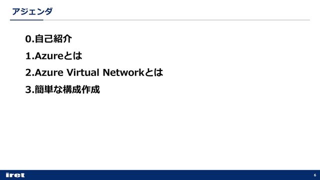 アジェンダ
6
0.⾃⼰紹介
1.Azureとは
2.Azure Virtual Networkとは
3.簡単な構成作成
