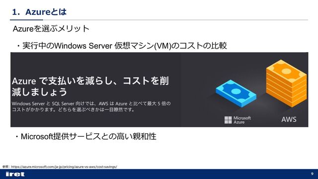 1．Azureとは
9
Azureを選ぶメリット
ࢀরɿIUUQTB[VSFNJDSPTPGUDPNKBKQQSJDJOHB[VSFWTBXTDPTUTBWJOHT
・実⾏中のWindows Server 仮想マシン(VM)のコストの⽐較
・Microsoft提供サービスとの⾼い親和性
