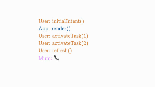User: initialIntent()
App: render()
User: activateTask(1)
User: activateTask(2)
User: refresh()
Mum: 
Android: you.onStop()
