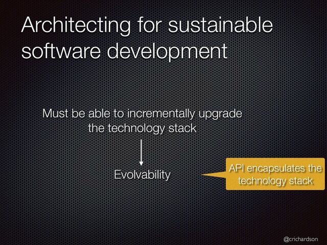 @crichardson
Architecting for sustainable
software development
Evolvability
Must be able to incrementally upgrade
the technology stack
API encapsulates the
technology stack

