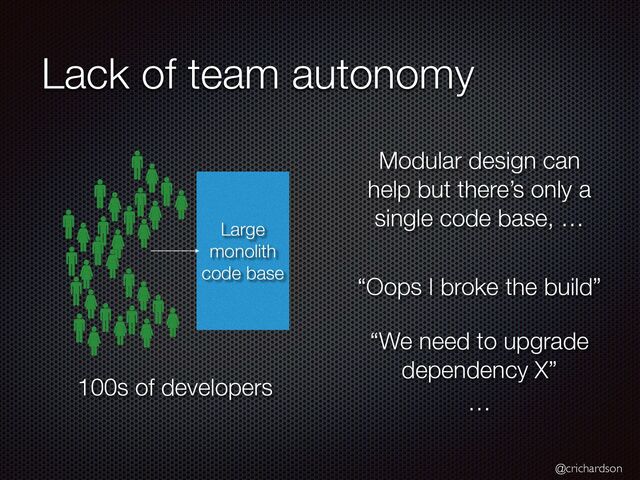 @crichardson
Lack of team autonomy
Large
monolith
code base
100s of developers
Modular design can
help but there’s only a
single code base, …
“Oops I broke the build”
“We need to upgrade
dependency X”
…

