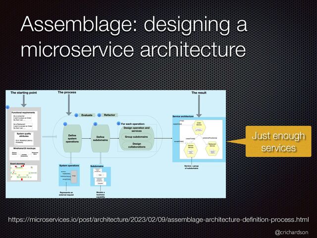 @crichardson
Assemblage: designing a
microservice architecture
https://microservices.io/post/architecture/2023/02/09/assemblage-architecture-de
fi
nition-process.html
Just enough
services
