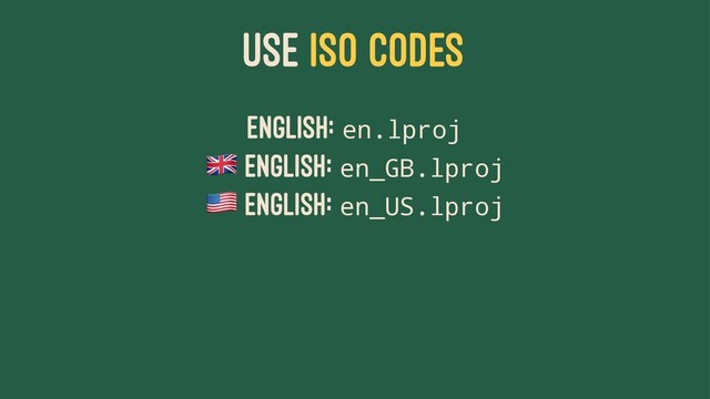 USE ISO CODES
English: en.lproj
!
English: en_GB.lproj
"
English: en_US.lproj
