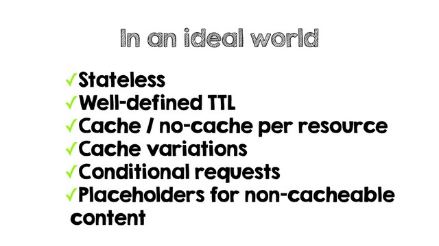 ✓Stateless
✓Well-defined TTL
✓Cache / no-cache per resource
✓Cache variations
✓Conditional requests
✓Placeholders for non-cacheable
content
In an ideal world
