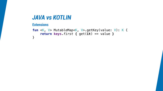 JAVA vs KOTLIN
fun  MutableMap.getKey(value: V): K {
return keys.first { get(it) == value }
}
Extensions
