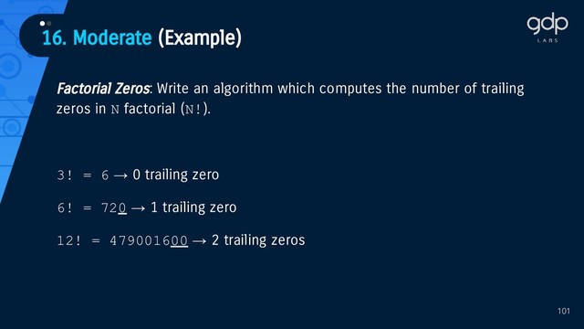 101
Factorial Zeros: Write an algorithm which computes the number of trailing
zeros in N factorial (N!).
3! = 6 → 0 trailing zero
6! = 720 → 1 trailing zero
12! = 479001600 → 2 trailing zeros
16. Moderate (Example)
••
