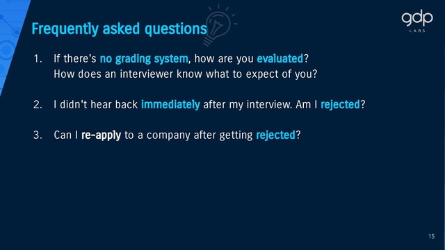 Frequently asked questions
1. If there's no grading system, how are you evaluated?
How does an interviewer know what to expect of you?
2. I didn't hear back immediately after my interview. Am I rejected?
3. Can I re-apply to a company after getting rejected?
15
