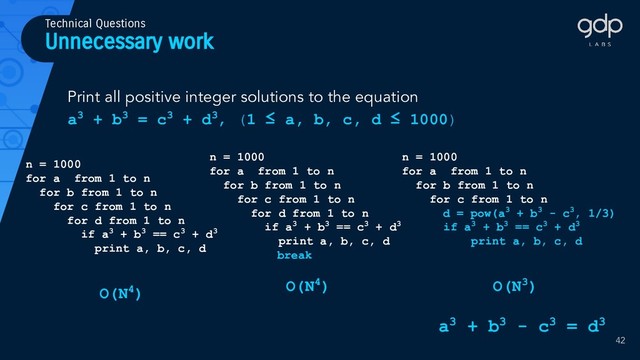 Unnecessary work
Technical Questions
Print all positive integer solutions to the equation
a3 + b3 = c3 + d3, (1 ≤ a, b, c, d ≤ 1000)
n = 1000
for a from 1 to n
for b from 1 to n
for c from 1 to n
for d from 1 to n
if a3 + b3 == c3 + d3
print a, b, c, d
O(N4)
n = 1000
for a from 1 to n
for b from 1 to n
for c from 1 to n
for d from 1 to n
if a3 + b3 == c3 + d3
print a, b, c, d
break
O(N4)
n = 1000
for a from 1 to n
for b from 1 to n
for c from 1 to n
d = pow(a3 + b3 - c3, 1/3)
if a3 + b3 == c3 + d3
print a, b, c, d
O(N3)
42
a3 + b3 - c3 = d3
