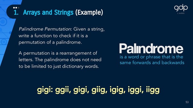 1. Arrays and Strings (Example)
•••
53
Palindrome Permutation: Given a string,
write a function to check if it is a
permutation of a palindrome.
A permutation is a rearrangement of
letters. The palindrome does not need
to be limited to just dictionary words.
is a word or phrase that is the
same forwards and backwards
gigi: ggii, gigi, giig, igig, iggi, iigg
