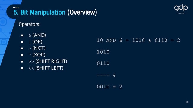 5. Bit Manipulation (Overview)
•••
70
Operators:
● & (AND)
● | (OR)
● ~ (NOT)
● ^ (XOR)
● >> (SHIFT RIGHT)
● << (SHIFT LEFT)
10 AND 6 = 1010 & 0110 = 2
1010
0110
---- &
0010 = 2
