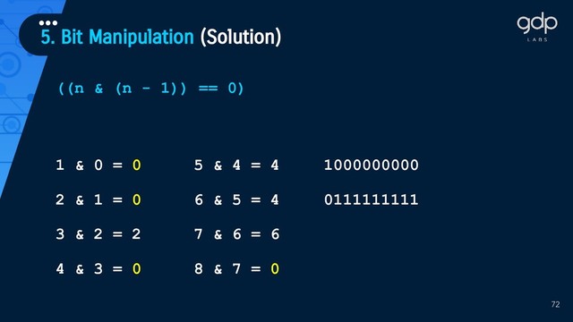 5. Bit Manipulation (Solution)
•••
72
((n & (n - 1)) == 0)
1 & 0 = 0
2 & 1 = 0
3 & 2 = 2
4 & 3 = 0
5 & 4 = 4
6 & 5 = 4
7 & 6 = 6
8 & 7 = 0
1000000000
0111111111
