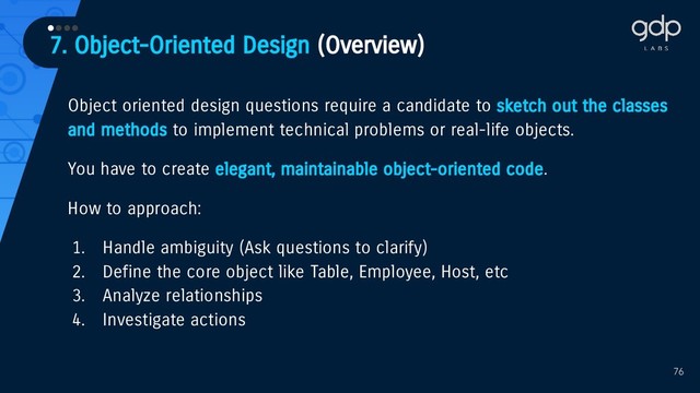 7. Object-Oriented Design (Overview)
••••
76
Object oriented design questions require a candidate to sketch out the classes
and methods to implement technical problems or real-life objects.
You have to create elegant, maintainable object-oriented code.
How to approach:
1. Handle ambiguity (Ask questions to clarify)
2. Define the core object like Table, Employee, Host, etc
3. Analyze relationships
4. Investigate actions
