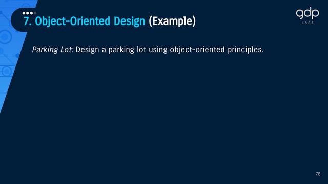 78
Parking Lot: Design a parking lot using object-oriented principles.
7. Object-Oriented Design (Example)
••••
