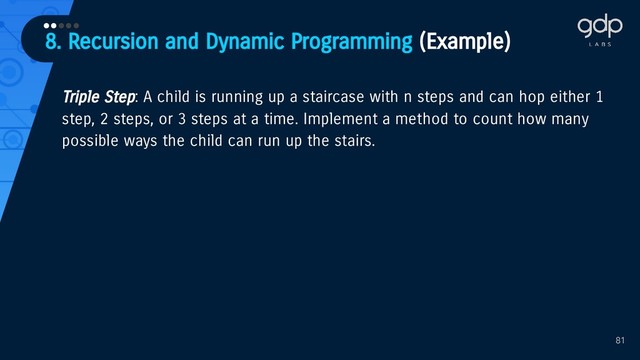 8. Recursion and Dynamic Programming (Example)
•••••
81
Triple Step: A child is running up a staircase with n steps and can hop either 1
step, 2 steps, or 3 steps at a time. Implement a method to count how many
possible ways the child can run up the stairs.
