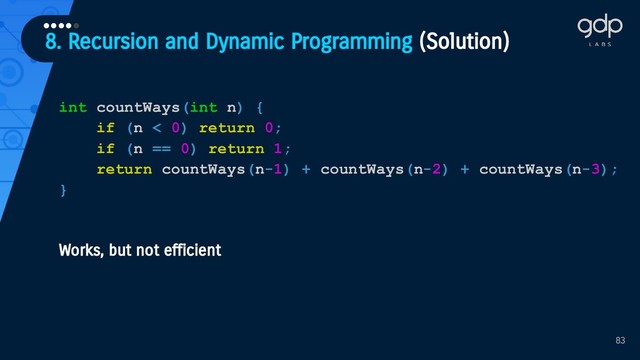 8. Recursion and Dynamic Programming (Solution)
•••••
83
int countWays(int n) {
if (n < 0) return 0;
if (n == 0) return 1;
return countWays(n-1) + countWays(n-2) + countWays(n-3);
}
Works, but not efficient
