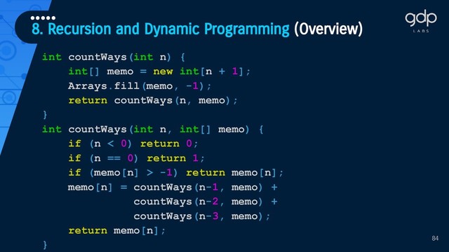 8. Recursion and Dynamic Programming (Overview)
•••••
84
int countWays(int n) {
int[] memo = new int[n + 1];
Arrays.fill(memo, -1);
return countWays(n, memo);
}
int countWays(int n, int[] memo) {
if (n < 0) return 0;
if (n == 0) return 1;
if (memo[n] > -1) return memo[n];
memo[n] = countWays(n-1, memo) +
countWays(n-2, memo) +
countWays(n-3, memo);
return memo[n];
}
