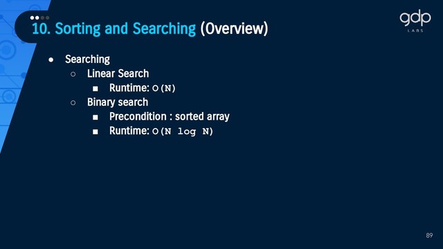 10. Sorting and Searching (Overview)
••••
89
● Searching
○ Linear Search
■ Runtime: O(N)
○ Binary search
■ Precondition : sorted array
■ Runtime: O(N log N)
