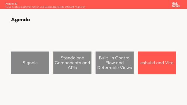 Signals
Standalone
Components and
APIs
Built-in Control
Flow and
Deferrable Views
esbuild and Vite
Angular 17
Neue Features optimal nutzen und Bestandsprojekte efﬁzient migrieren
Agenda
