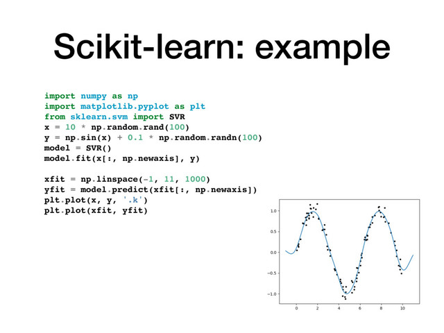 Scikit-learn: example
import numpy as np
import matplotlib.pyplot as plt
from sklearn.svm import SVR
x = 10 * np.random.rand(100)
y = np.sin(x) + 0.1 * np.random.randn(100)
model = SVR()
model.fit(x[:, np.newaxis], y)
xfit = np.linspace(-1, 11, 1000)
yfit = model.predict(xfit[:, np.newaxis])
plt.plot(x, y, '.k')
plt.plot(xfit, yfit)
