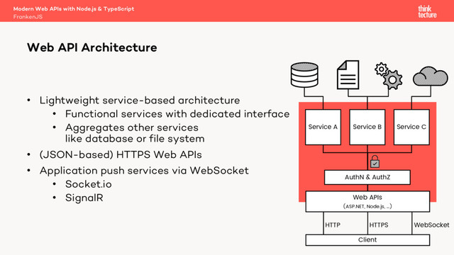 Modern Web APIs with Node.js & TypeScript
FrankenJS
Web API Architecture
• Lightweight service-based architecture
• Functional services with dedicated interface
• Aggregates other services
like database or file system
• (JSON-based) HTTPS Web APIs
• Application push services via WebSocket
• Socket.io
• SignalR
HTTP HTTPS WebSocket
Service A Service B Service C
Web APIs
(ASP.NET, Node.js, …)
AuthN & AuthZ
Client
