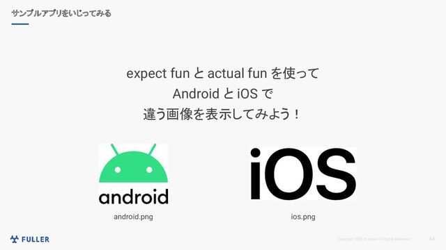 Copyright 2023 m.coder All Rights Reserved. 44
サンプルアプリをいじってみる
expect fun と actual fun を使って
Android と iOS で
違う画像を表示してみよう！
android.png ios.png
