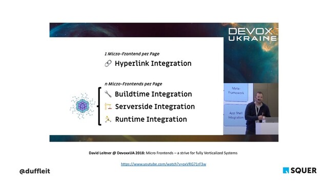 @duffleit
David Leitner @ DevoxxUA 2018: Micro Frontends – a strive for fully Verticalized Systems
https://www.youtube.com/watch?v=oxVRG71rF3w
