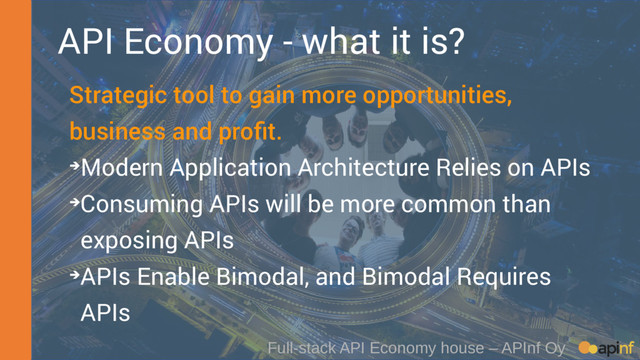 API Economy - what it is?
Strategic tool to gain more opportunities,
business and profit.
➔Modern Application Architecture Relies on APIs
➔Consuming APIs will be more common than
exposing APIs
➔APIs Enable Bimodal, and Bimodal Requires
APIs
Full-stack API Economy house – APInf Oy

