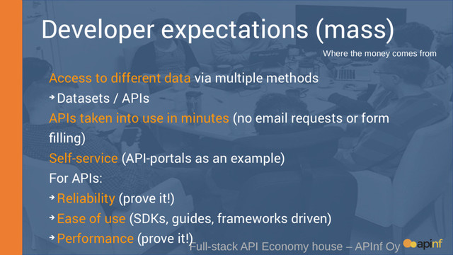 Developer expectations (mass)
Full-stack API Economy house – APInf Oy
Access to different data via multiple methods
➔ Datasets / APIs
APIs taken into use in minutes (no email requests or form
filling)
Self-service (API-portals as an example)
For APIs:
➔ Reliability (prove it!)
➔ Ease of use (SDKs, guides, frameworks driven)
➔ Performance (prove it!)
Where the money comes from
