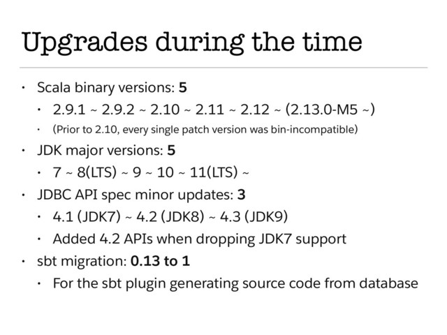 Upgrades during the time
• Scala binary versions: 5
• 2.9.1 ~ 2.9.2 ~ 2.10 ~ 2.11 ~ 2.12 ~ (2.13.0-M5 ~)
• (Prior to 2.10, every single patch version was bin-incompatible)
• JDK major versions: 5
• 7 ~ 8(LTS) ~ 9 ~ 10 ~ 11(LTS) ~
• JDBC API spec minor updates: 3
• 4.1 (JDK7) ~ 4.2 (JDK8) ~ 4.3 (JDK9)
• Added 4.2 APIs when dropping JDK7 support
• sbt migration: 0.13 to 1
• For the sbt plugin generating source code from database
