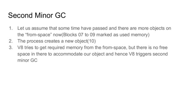 Second Minor GC
1. Let us assume that some time have passed and there are more objects on
the “from-space” now(Blocks 07 to 09 marked as used memory)
2. The process creates a new object(10)
3. V8 tries to get required memory from the from-space, but there is no free
space in there to accommodate our object and hence V8 triggers second
minor GC
