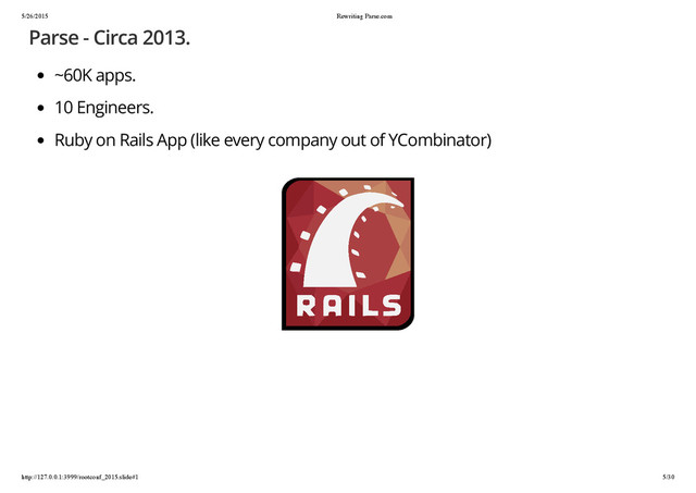 5/26/2015 Rewriting Parse.com
http://127.0.0.1:3999/rootconf_2015.slide#1 5/30
Parse - Circa 2013.
~60K apps.
10 Engineers.
Ruby on Rails App (like every company out of YCombinator)
