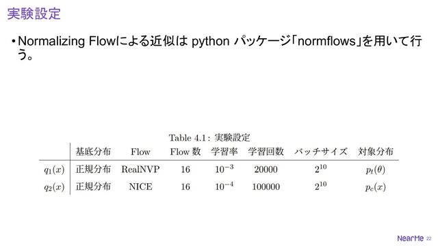 22
実験設定
•Normalizing Flowによる近似は python パッケージ「normflows」を用いて行
う。
