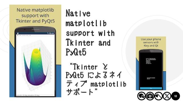 12
Native
matplotlib
support with
Tkinter and
PyQt5
“Tkinter と
PyQt5 によるネイ
ティブ matplotlib
サポート”
